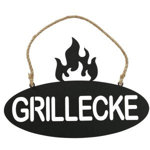 Schwarzes Deko-Schild "Grillecke" aus Eisen mit Kordel zum Aufhängen, Boltze Wanddekoration.