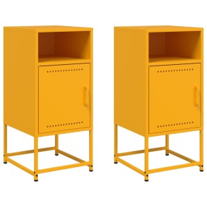 Zwei senfgelbe vidaXL Nachttische aus Stahl, industrielles Design mit Tür und offenem Fach.