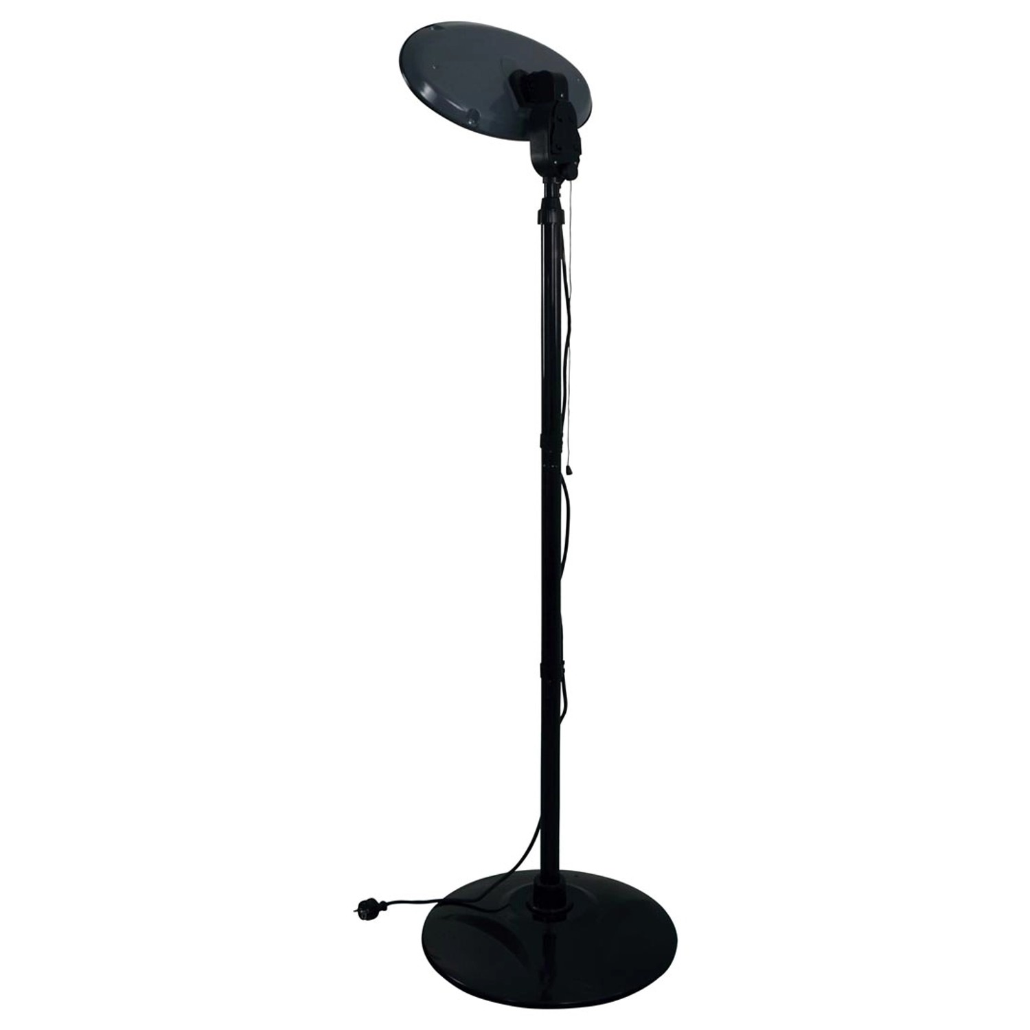 Schwarzer Heizstrahler Infrae 2000 W mit Stativ und rundem Fuß für den Außenbereich.