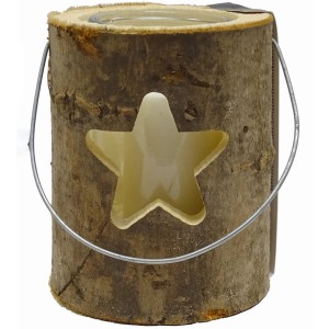 Rustikales Windlicht aus Holzstamm mit Glas und Stern-Motiv, 18x16 cm.