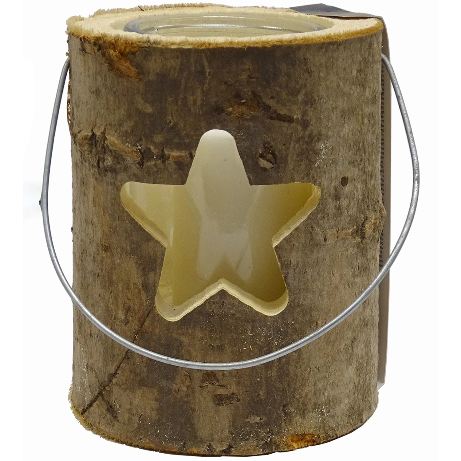Rustikales Windlicht aus Holzstamm mit Glas und Stern-Motiv, 18x16 cm.