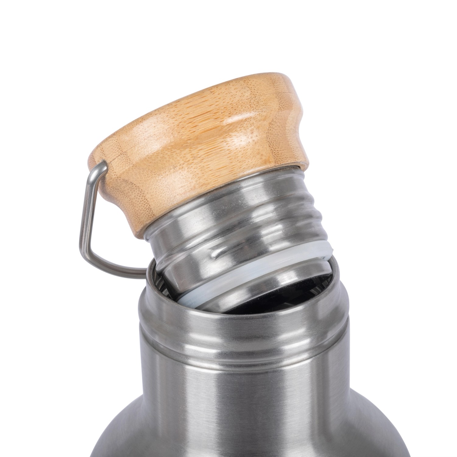 Detailaufnahme: Petromax Isolierflasche TB100 mit Bambusdeckel, BPA-frei, Edelstahl.