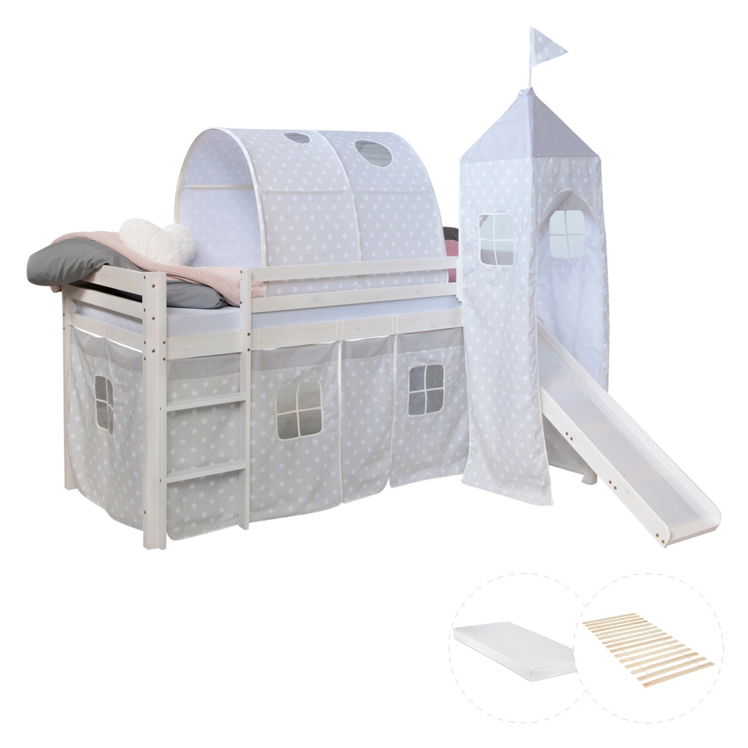 Homestyle4u Kinderhochbett 90x200 Weiß mit Lattenrost und Matratze 2776