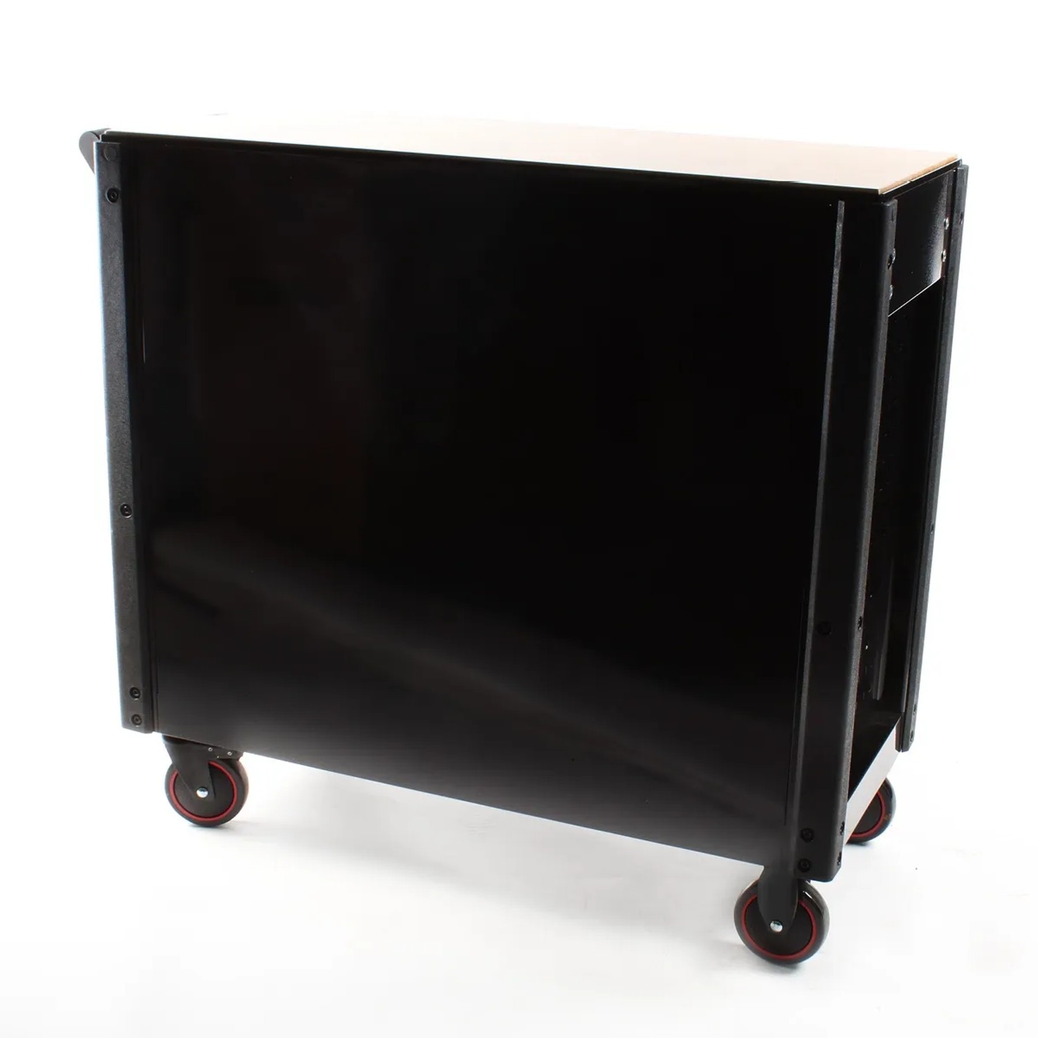 Schwarzer Mephisto Werkzeugwagen BIG XXL mit Holzplatte und roten Rollen.
