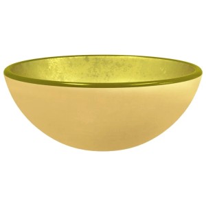 Golden glänzendes, schalenförmiges Hartglas-Waschbecken, 30x12 cm. Modernes Aufsatzwaschbecken für Bad und WC.