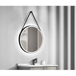 Runder DSK LED-Lichtspiegel Black Vince Ø 60 cm mit schwarzem Rahmen und Aufhängung am Lederband.