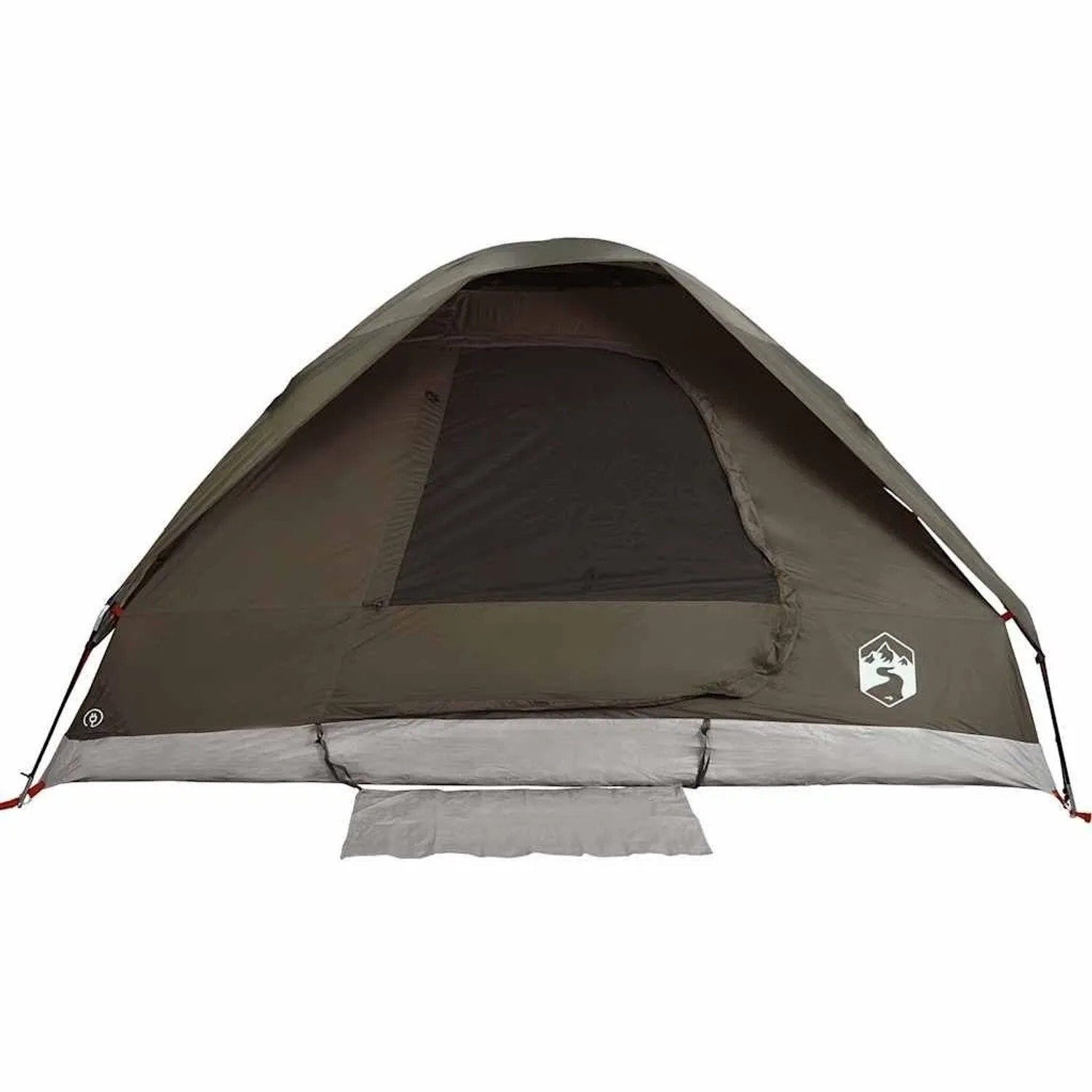 Braunes 2-Personen-Kuppelzelt, wasserdicht, mit grauem Boden und Netzfenster. Ideal für Camping & Outdoor.
