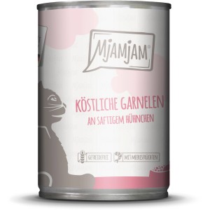 Mjamjam Katzen-Nassfutter mit Garnelen und Hühnchen, getreidefrei im 400g Format.