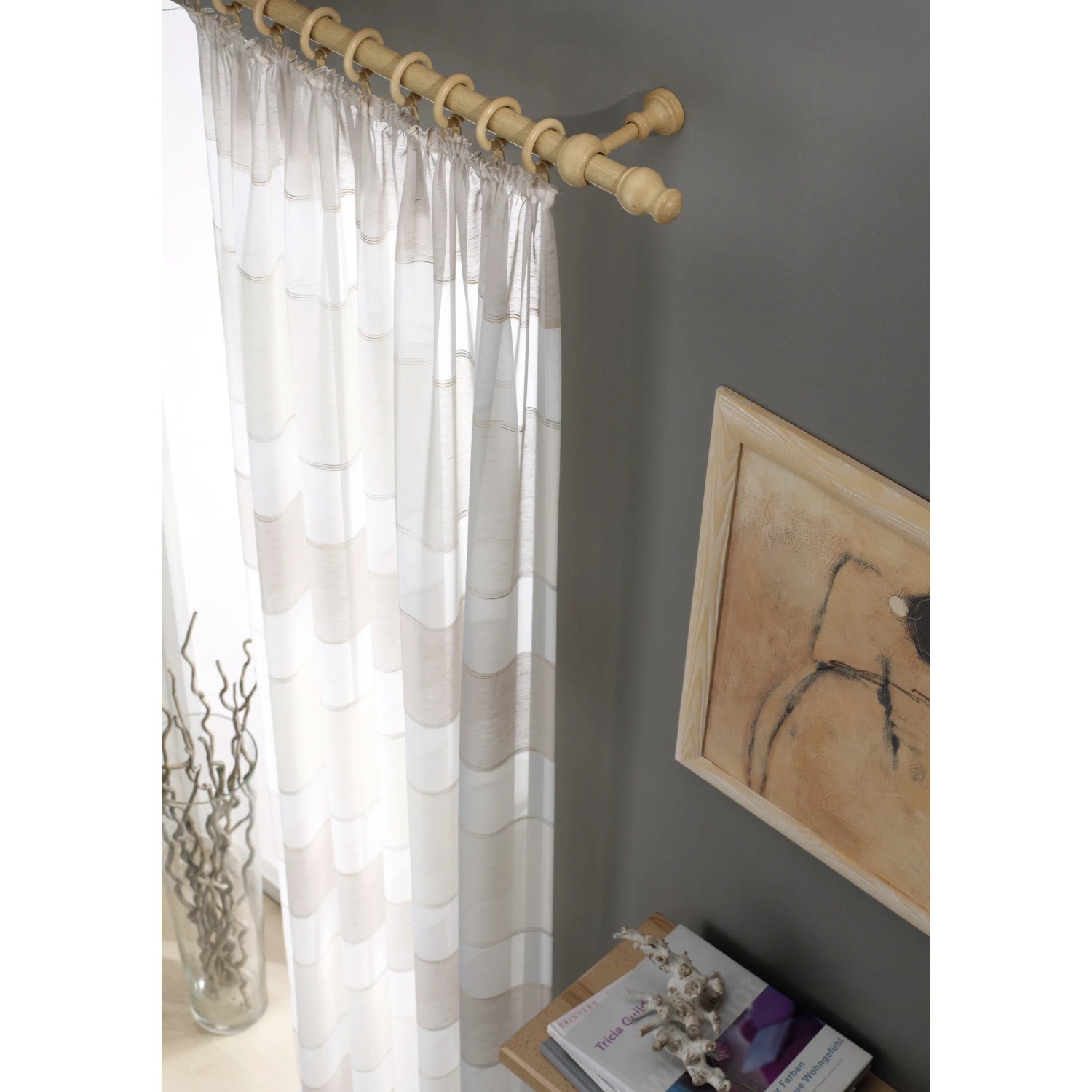 Gardinia Gardinenstangen-Set Lugano, Naturholz, 120 cm mit Vorhang und Deko.