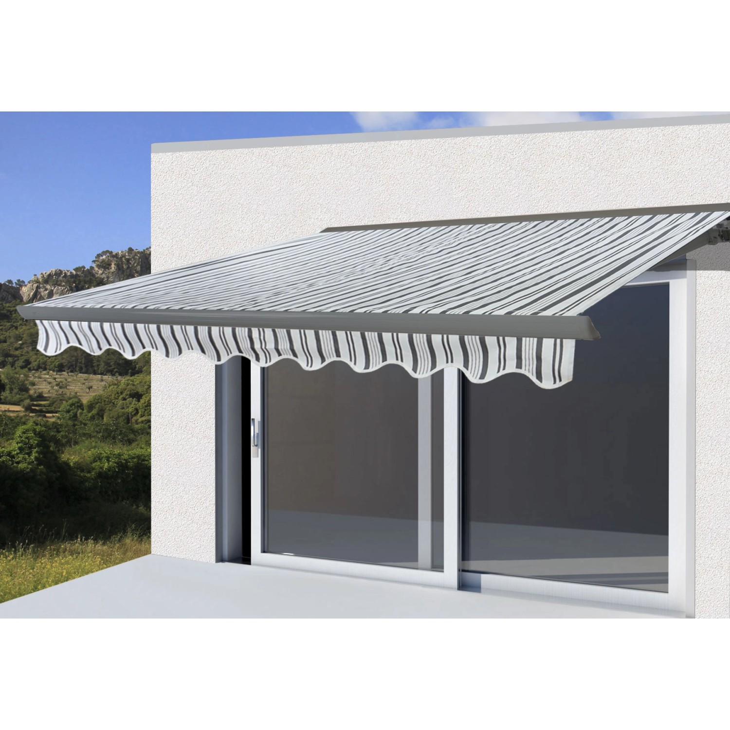 MCW KassettenMarkise H122 mit Volant 4x3m Polyester Grau/Weiß Grau