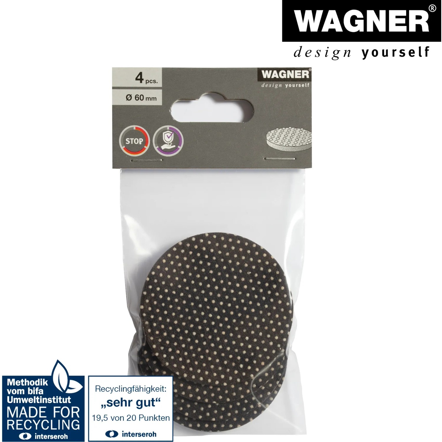 Wagner Anti-Rutsch Pads, braun-beige, Ø 60mm, 4er Set aus Filz mit Anti-Rutsch-Punkten für Möbel und Transporthilfen.