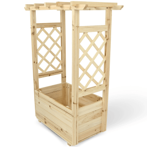 Holzfarbener holz4home Pflanzkasten mit Dach und Rankhilfe aus Tannenholz.