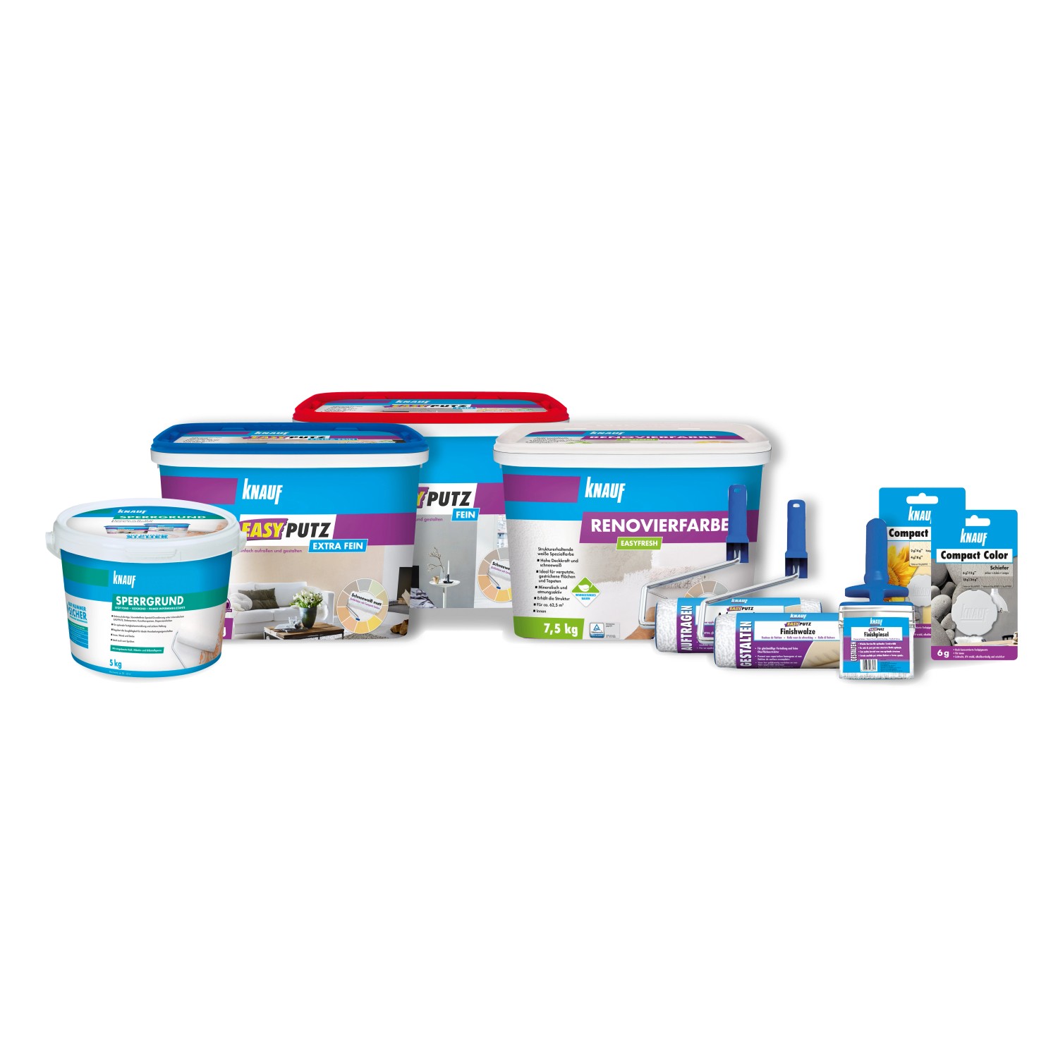 Knauf Easy Putz Extra Fein 20kg und weitere Knauf Produkte wie Sperrgrund, Renovierfarbe und Compact Color.