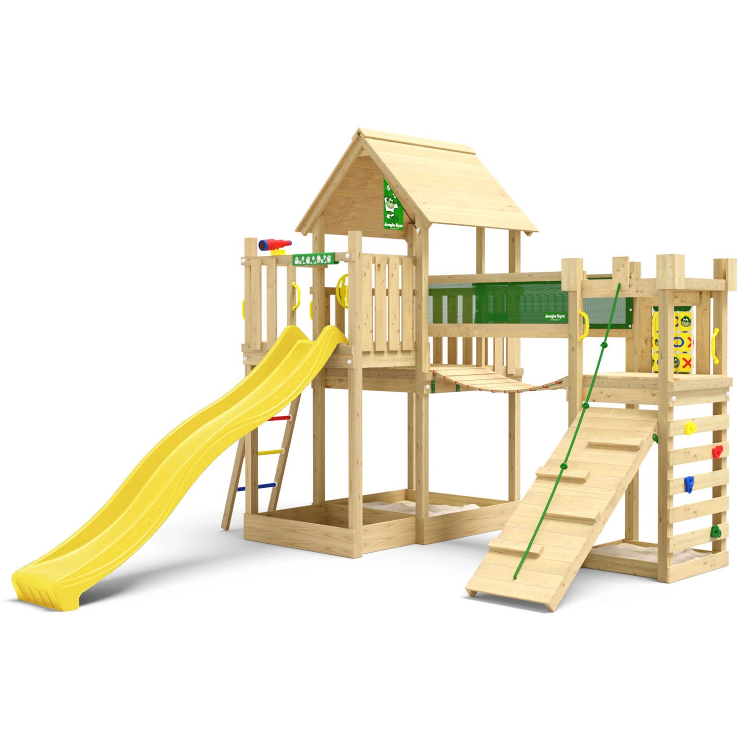 Jungle Gym Spielturm Lookout Holz Wackelbrücke Kletterrampe Rutsche Gelb günstig online kaufen