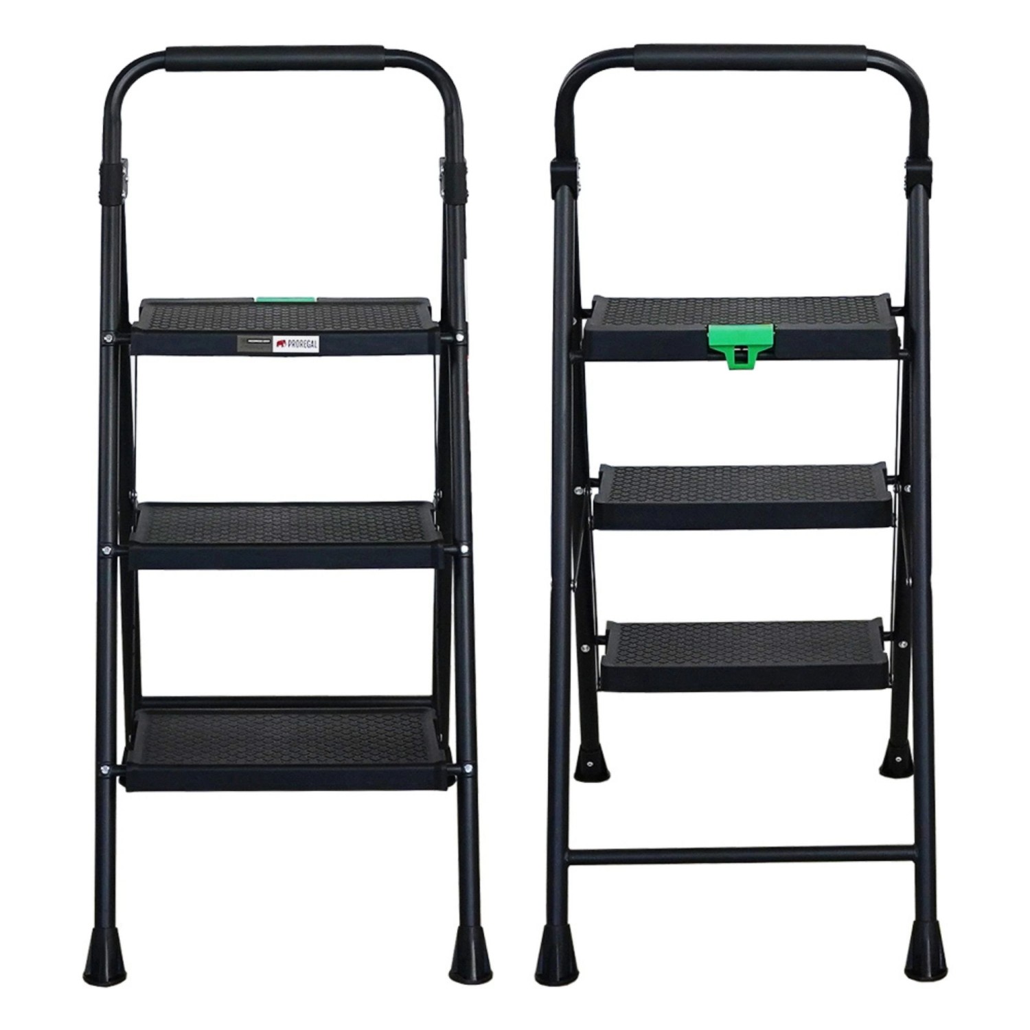 PROREGAL Profi-Trittleiter, Stahl, 3 Stufen, klappbar, schwarz. Haushaltsleiter für sicheren Stand.