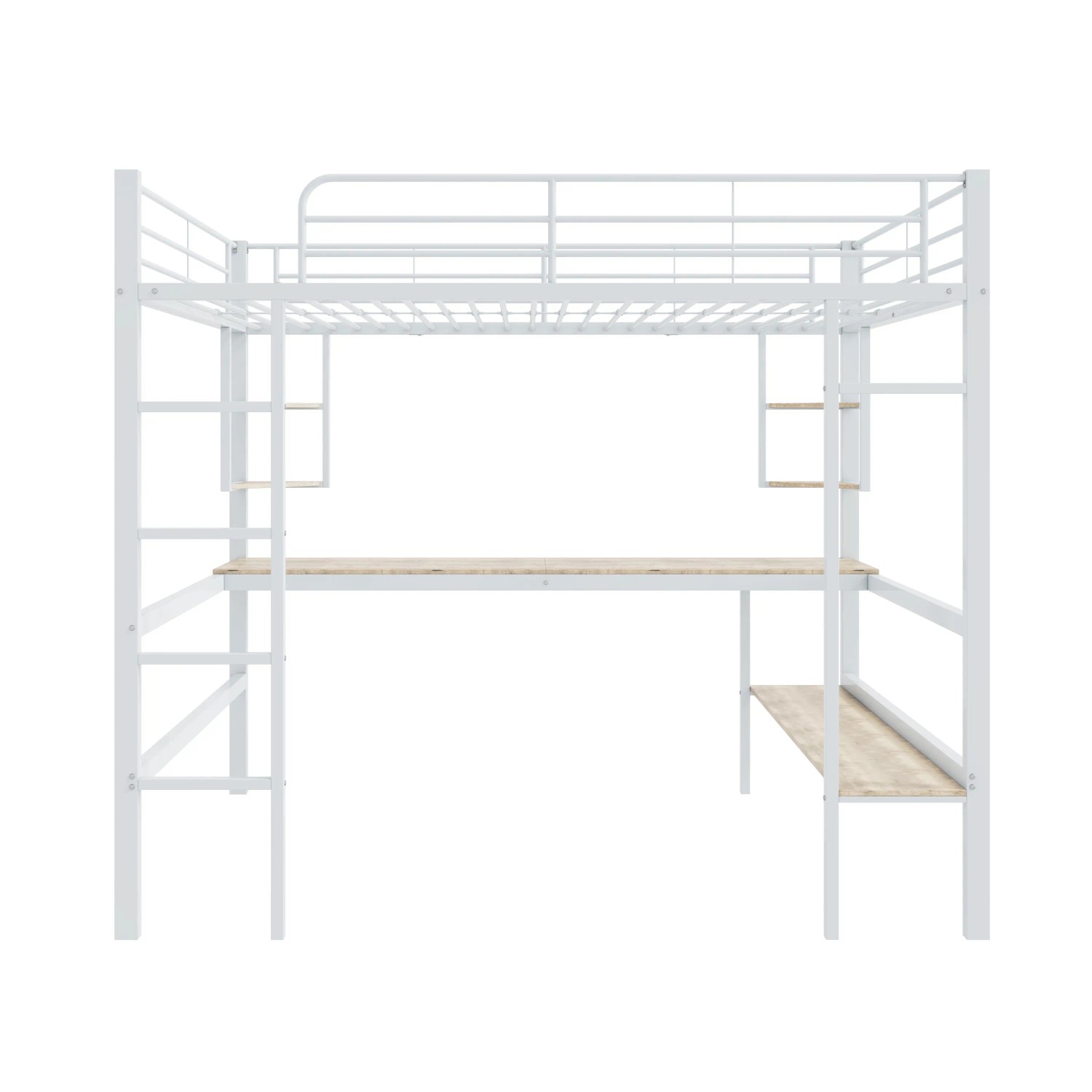 okwish Metallbett 140×200 mit Schreibtisch Vier Kleinen Regalen und einem Großen Bücherregal ohne Matratze