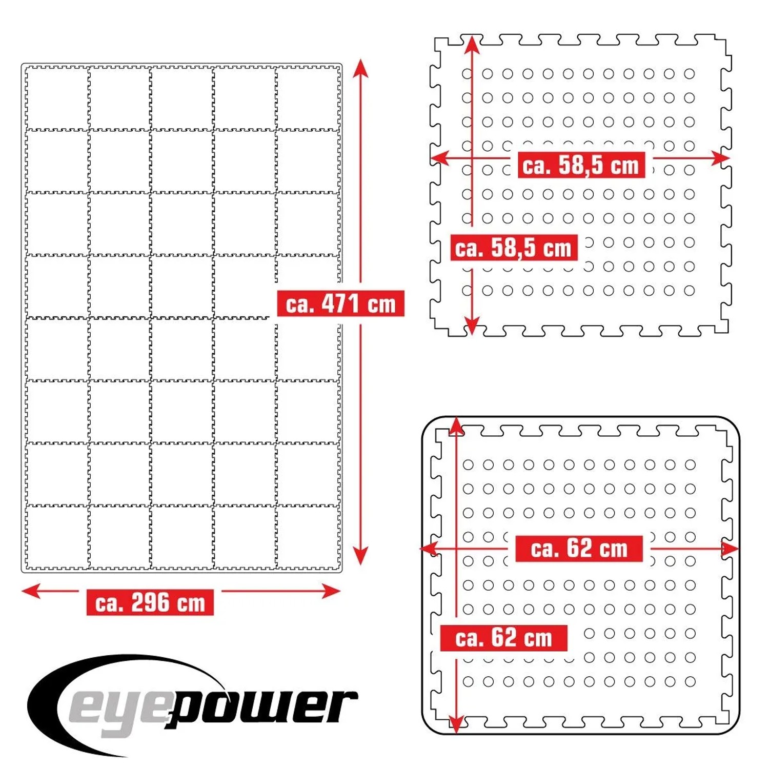 eyepower Poolmatten 40er Set: EVA-Schaumstoffmatten, 62x62cm, mit Puzzle-System. Diagramm mit Maßen für Bodenschutz.