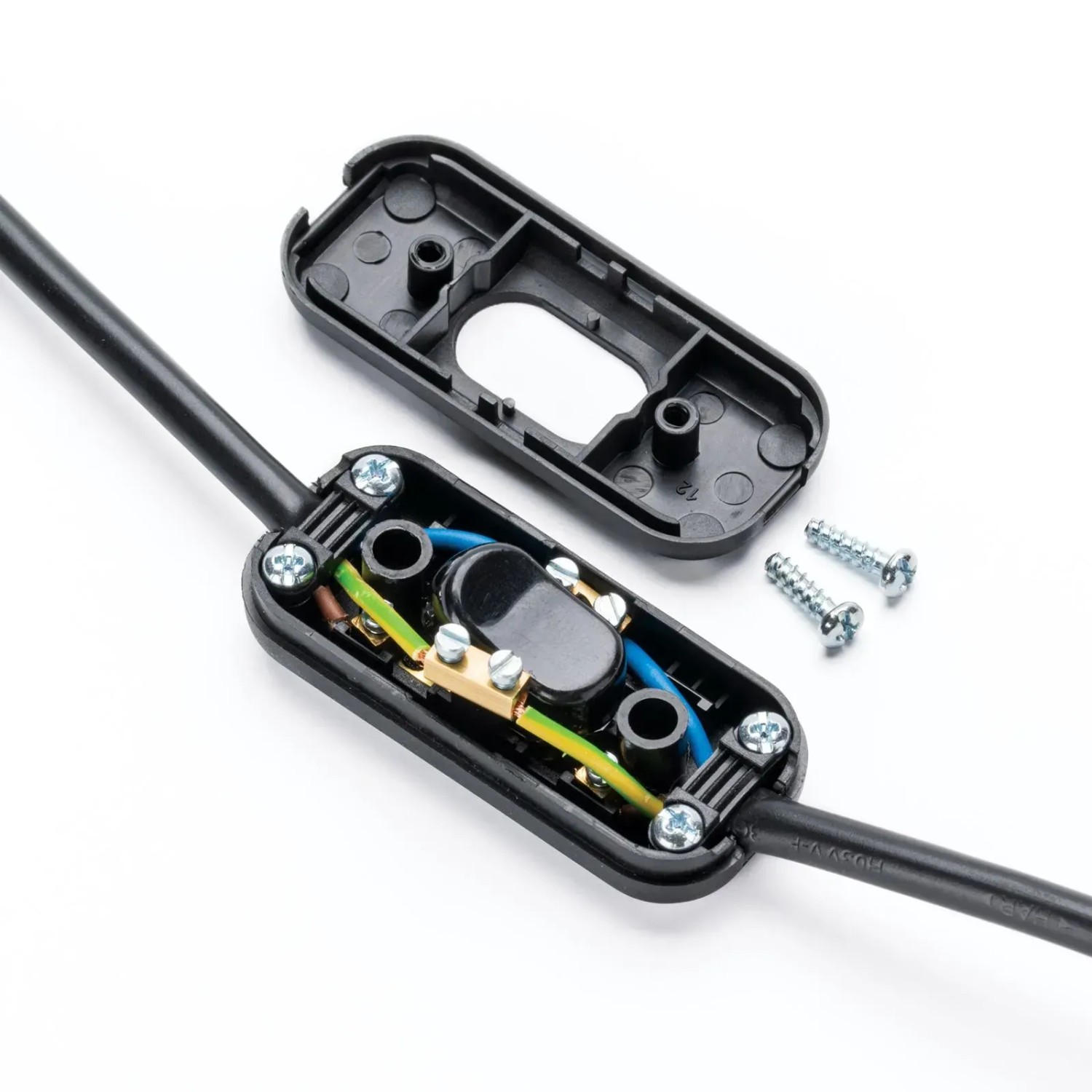 Offener, schwarzer Orion Lightstyle Schnur-Zwischenschalter (3-polig) mit Schrauben und Kabel.