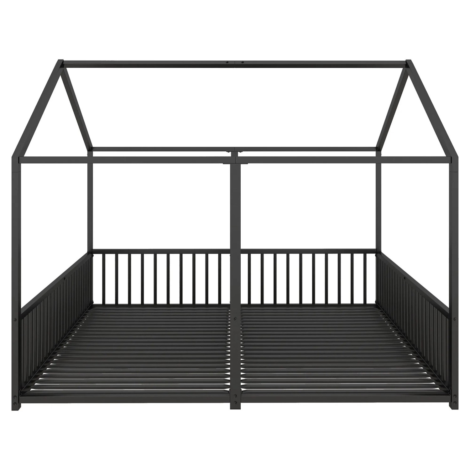 KOMHTOM Metallbett Kinderbett 90x200Cm Mit Geländer Leiter Hausmodellierung Doppelbett Eisenrahmen Schwarz Ohne Matratze