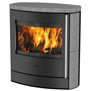 Fireplace Adamis Kaminofen, 7kW, Speckstein, schwarz. Zeitbrandofen mit Flammen im Brennraum.
