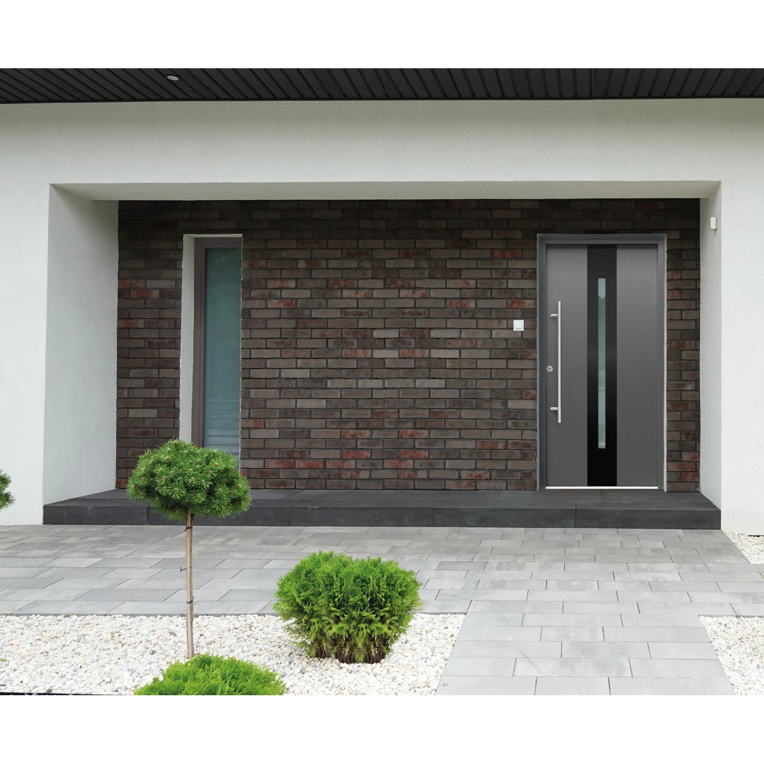Moderne anthrazitfarbene Sicherheits-Haustür ThermoSpace Dublin RC2 mit Glaseinsatz und Edelstahlgriff.