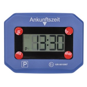 Cartrend elektronische Parkscheibe mit digitaler Zeitanzeige und blauer Umrandung.