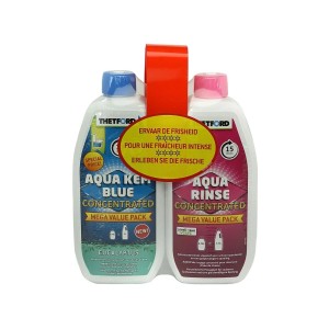 Thetford Duopack Aqua Kem Blue Eucalyptus & Aqua Rinse Konzentrat. Zwei Flaschen für Campingtoiletten, blau und pink, mit rotem Halter.