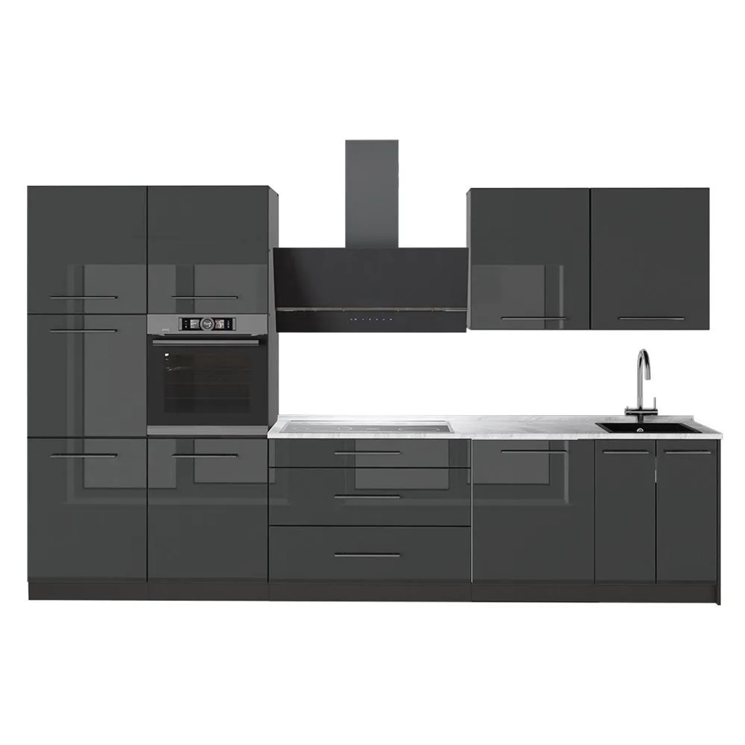 Vicco Küchenzeile Fame-Line Anthrazit Hochglanz/Anthrazit 340 x 207 AP Marmor Art Nr 64554