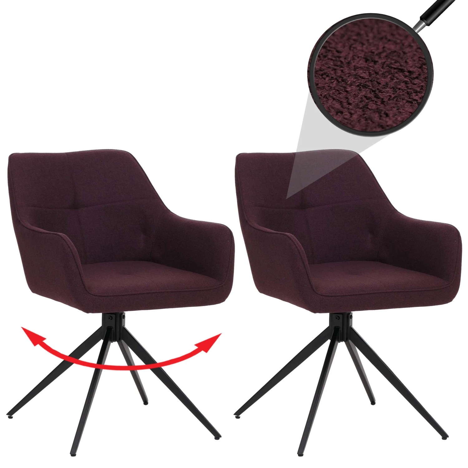 CHEFGASTRO Esszimmerstühle im 2er-Set, bordeauxroter Stoffbezug, drehbar mit schwarzen Metallbeinen.