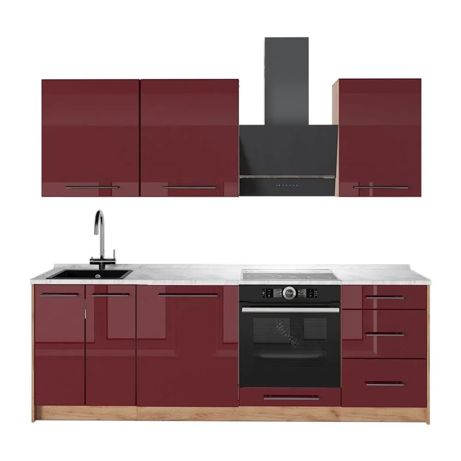 Vicco Küchenzeile Fame-Line Bordeaux Hochglanz/Goldkraft Eiche 230 x 82 AP Marmor Art Nr 63995