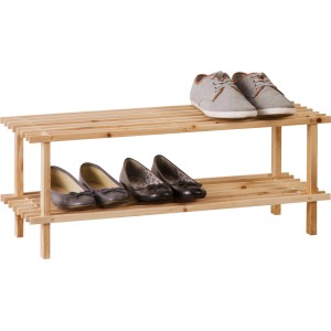 OBI Holzschuhregal HSR-6 mit 2 Etagen aus Kiefernholz, bestückt mit Schuhen.