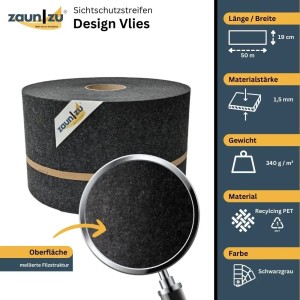 zaunzu Design Vlies Sichtschutz, schwarzgrau, 50m Rolle für Doppelstabmattenzaun.