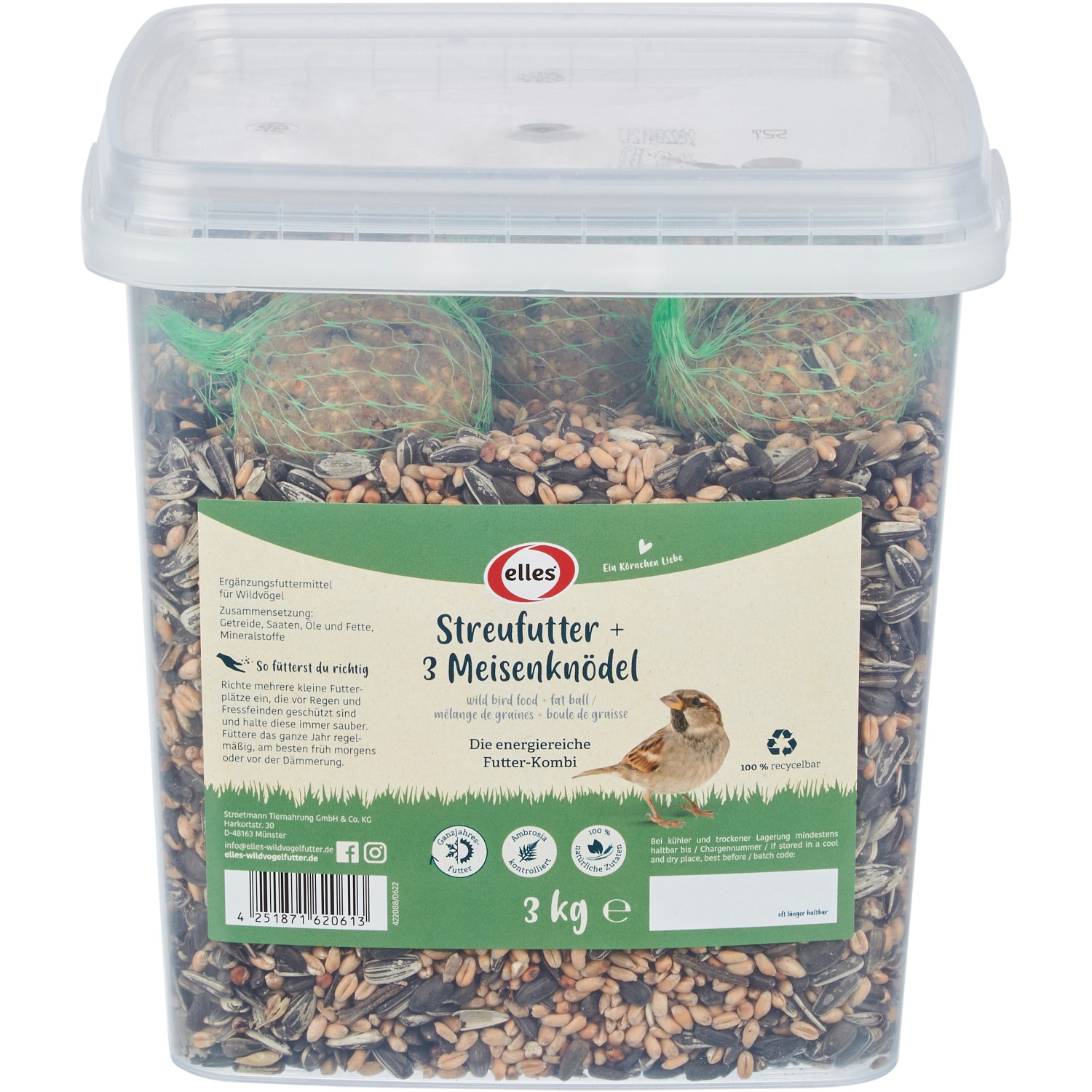 Streufutter inkl. 3 Meisenknödel für Wildvögel im 3 kg Eimer