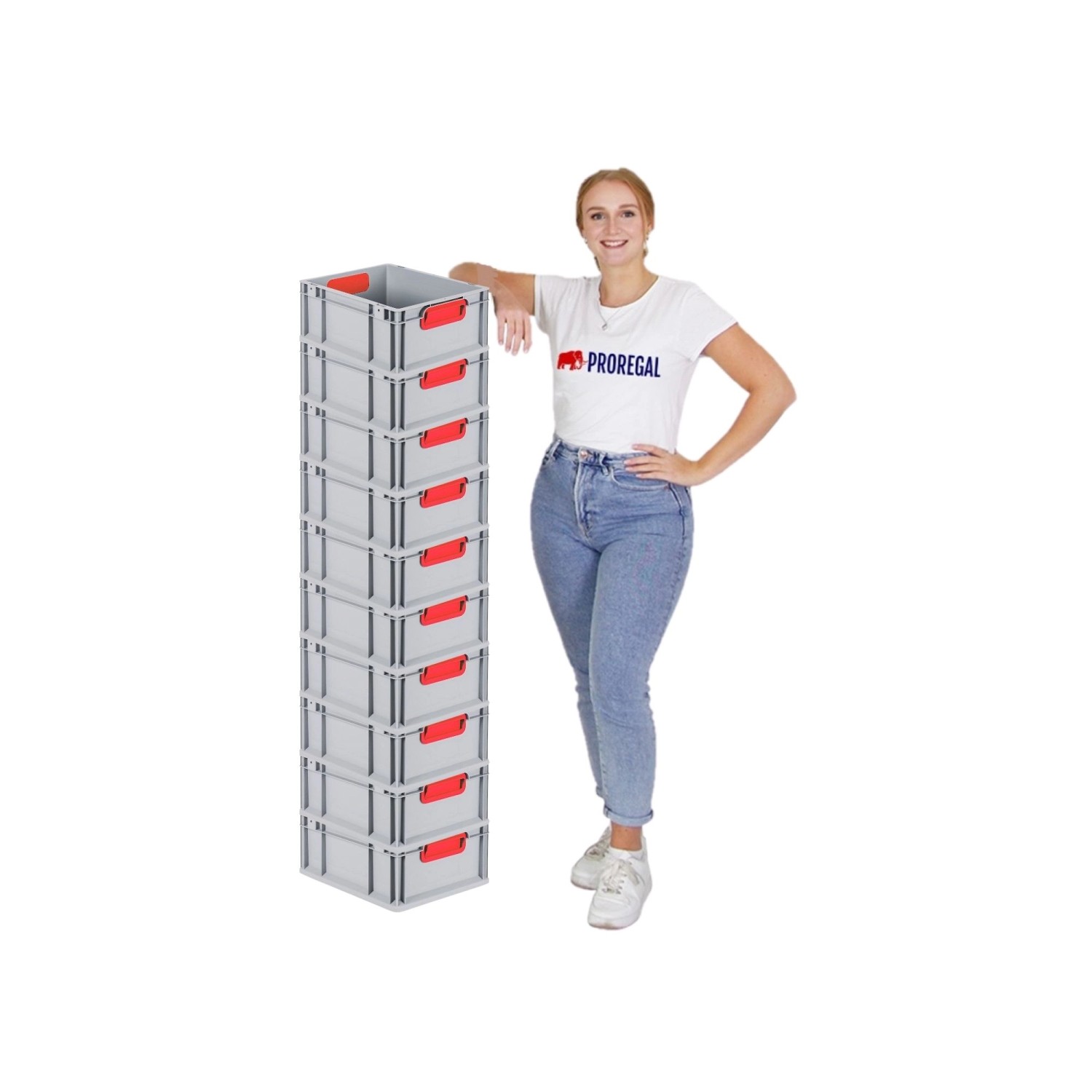 PROREGAL Spar Set: 10 graue Euroboxen mit roten Griffen und Deckel, gestapelt.