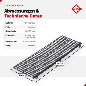 Inefa Laubfangstreifen, schwarz, aus Polypropylen, 100x17cm, für Dachrinnen 100-150mm. 30 Stück Laubschutz.