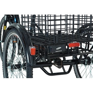 Detailansicht: Schwarzes Prophete E-Bike Dreirad Cargo mit Korb und Gepäckträgerakku.