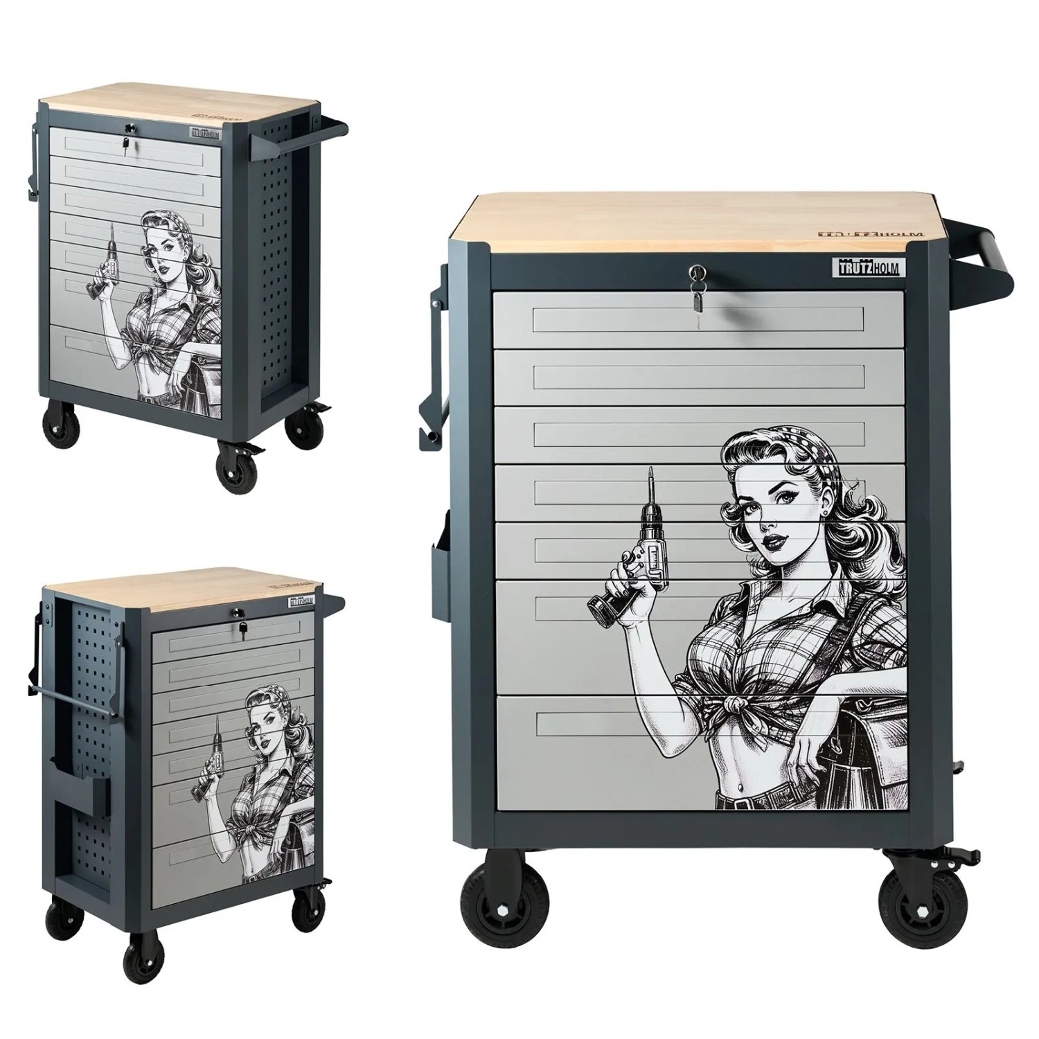 TRUTZHOLM Werkstattwagen Retro Motiv 99x82 cm 7 Schubladen mit Holzplatte Einlassgriffe