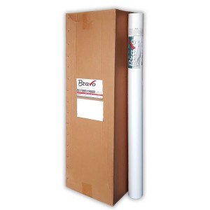 Karton Profhome Malervlies, glatte, weiße Vliestapete, überstreichbar. Rolle Tapete steht daneben.