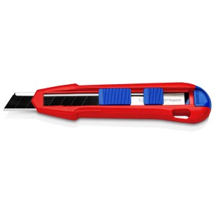 Knipex CutiX Universalmesser, roter Cuttermesser mit blauen Schiebern und Abbrechklinge.
