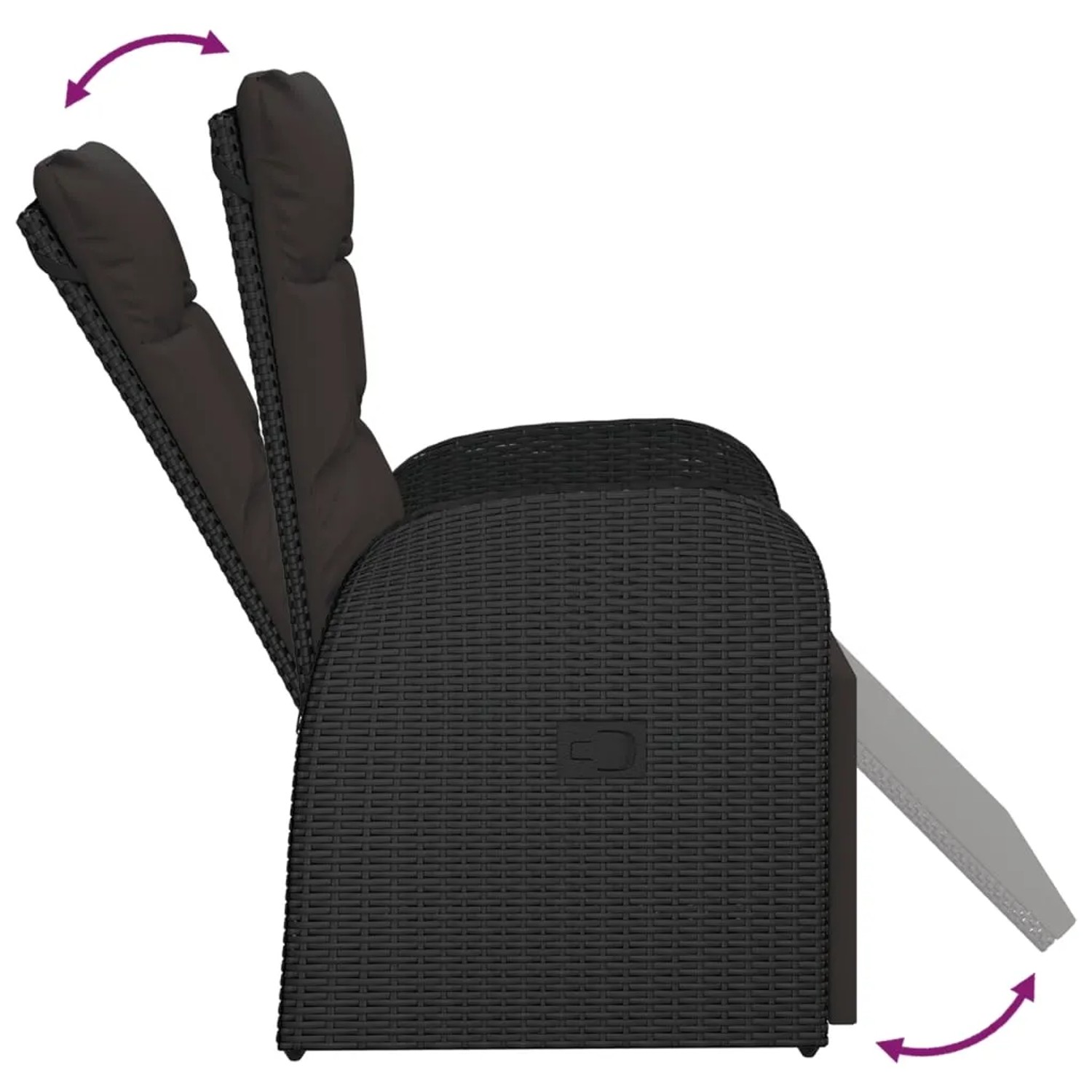 Verstellbarer, schwarzer Garten-Liegestuhl aus Poly Rattan mit Auflage. Ideal zum Entspannen im Garten.