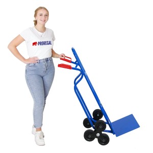 Blaue PROREGAL Treppensteiger Sackkarre RAGNAR mit klappbarer Schaufel und Vollgummireifen. Tragkraft 250kg.