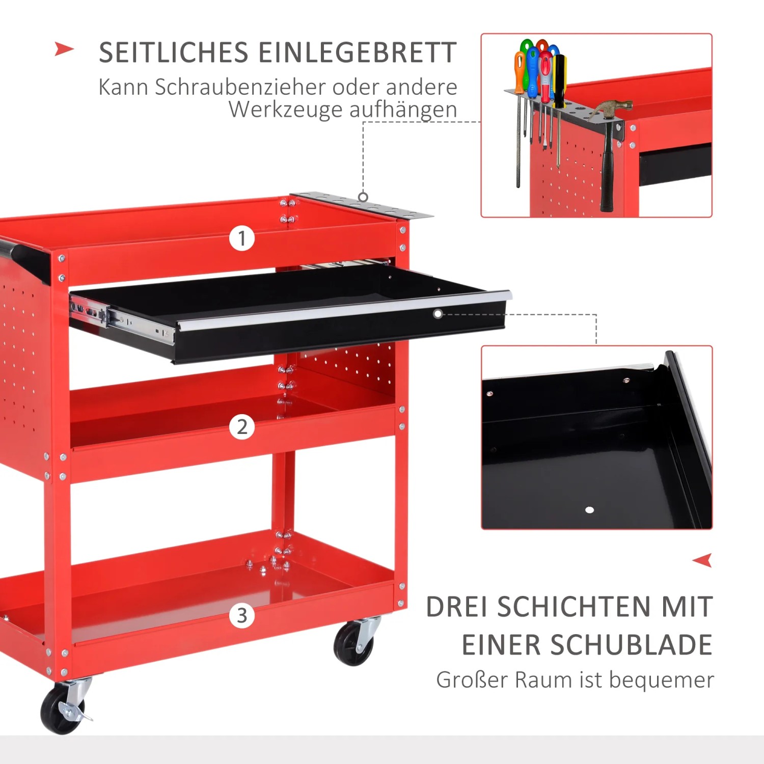 HOMCOM Werkstattwagen in Rot/Schwarz mit 3 Etagen und Schublade für Werkzeugaufbewahrung.