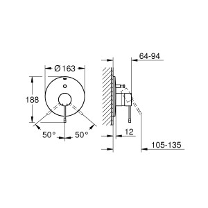 Technische Zeichnung: Grohe Essence Einhand-Wannenbatterie, Chrom, Maße und Details zur Installation.