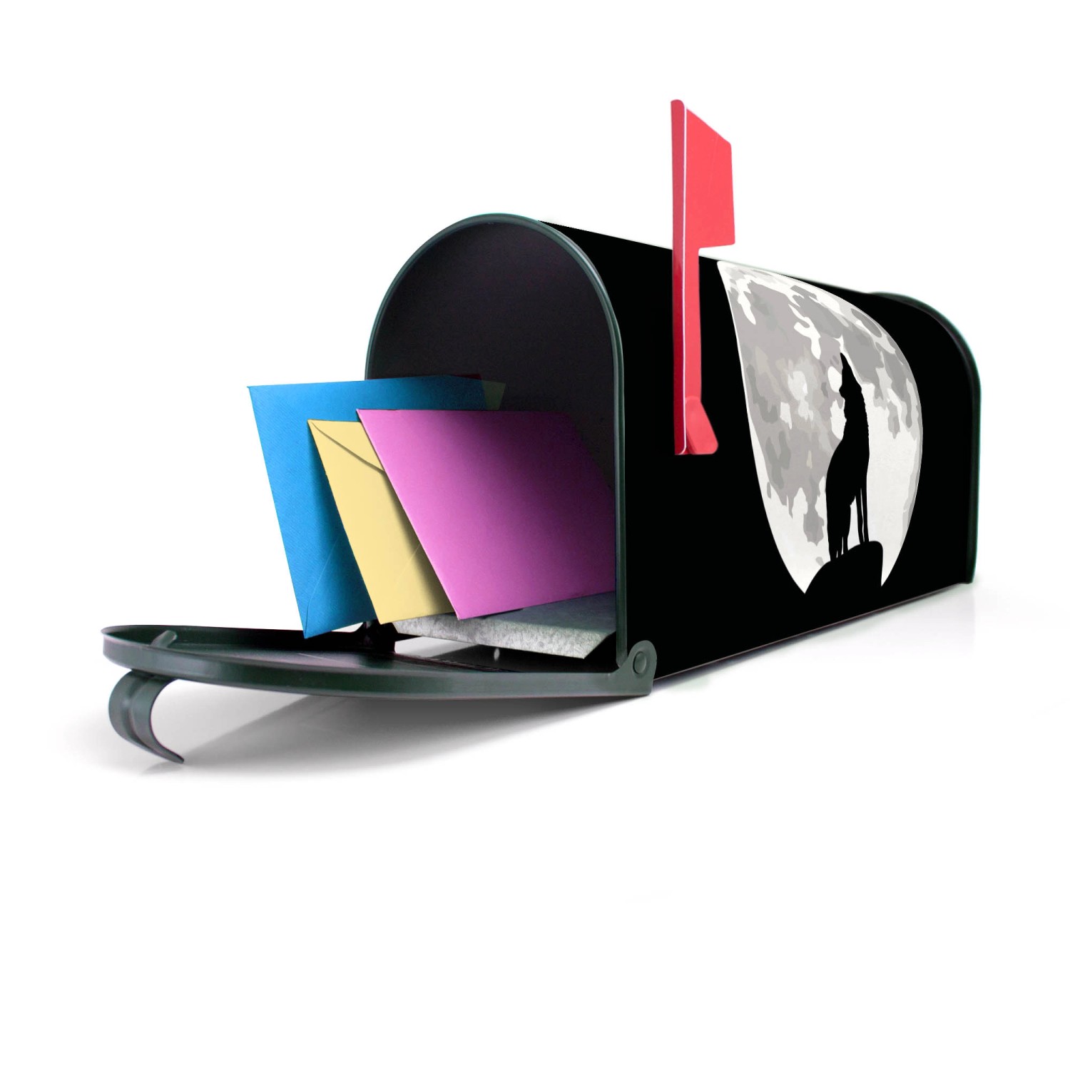 Grüner Banjado US Briefkasten mit Wolf Motiv, Stahl, 48x22x16cm.