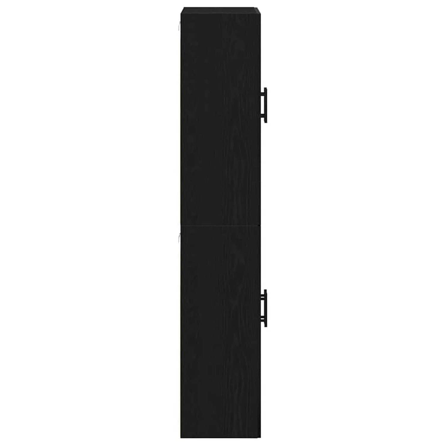 Zwei schwarze Wandschränke in Eichen-Optik, 69,5x34x90 cm, für Wohnzimmer und mehr.