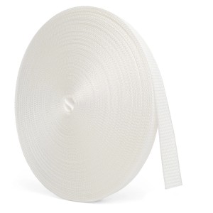 Weißer Bauheld Rollladengurt (50m, 23mm) auf Rolle, Detailaufnahme.