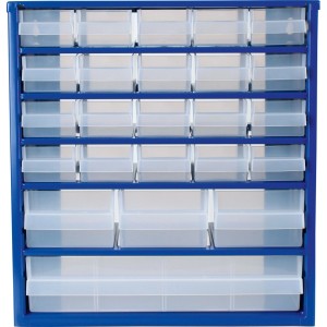 LUX-TOOLS Stahlmagazin: blaues Gehäuse, transparente Kunststoffschubladen in verschiedenen Größen für Kleinteile.