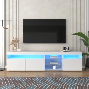Moderner weißer TV Schrank mit LED Beleuchtung, Stauraum und Glasfächern im Wohnzimmer. 180cm breit.