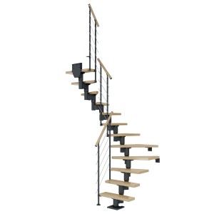 Dolle Mittelholmtreppe Dublin, Ahornstufen, anthrazitfarbener Holm, gewendelt, mit Geländer.