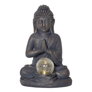 LED-Solar-Buddha-Figur, dunkelgrau/bronze, meditierend, mit leuchtender Crackle-Glaskugel. Solar-Deko für Garten & Terrasse.
